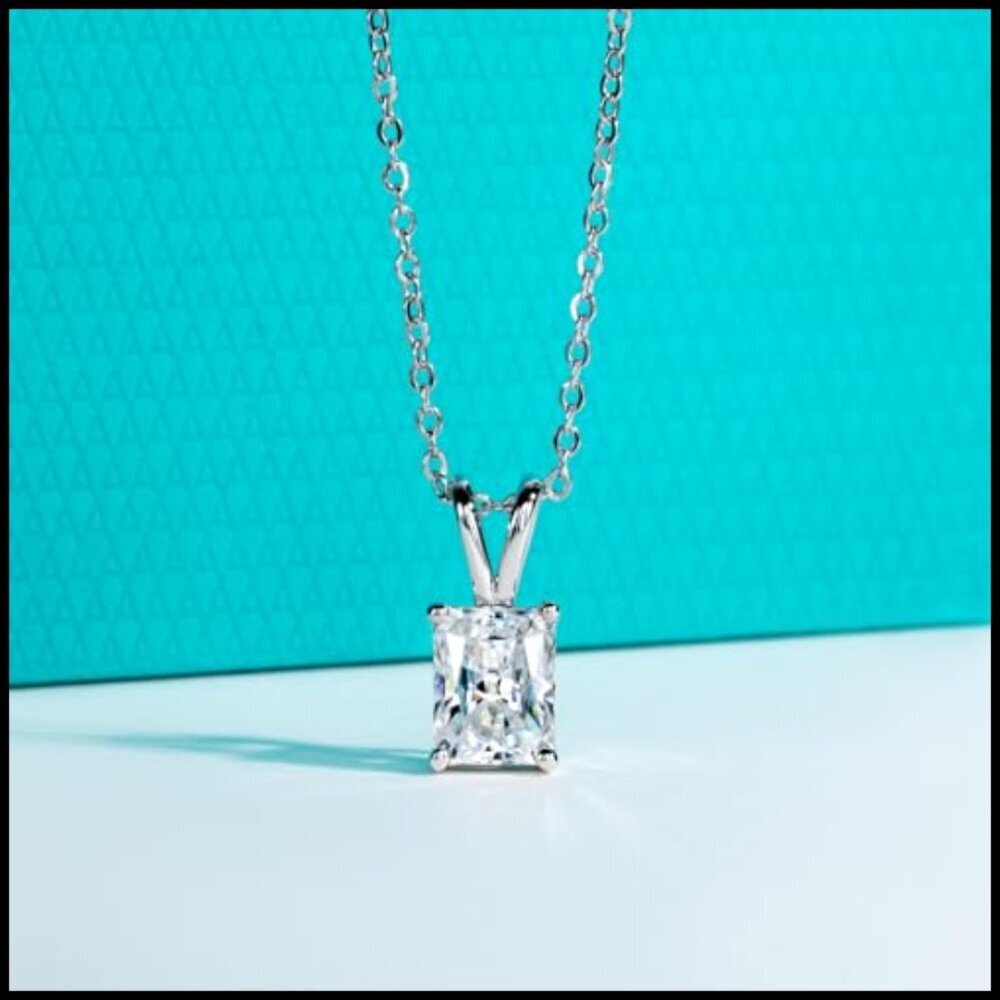 14K White Gold 2 CT Moissanite Pendant Necklace 925 Sterling Silver Radiant Cut
